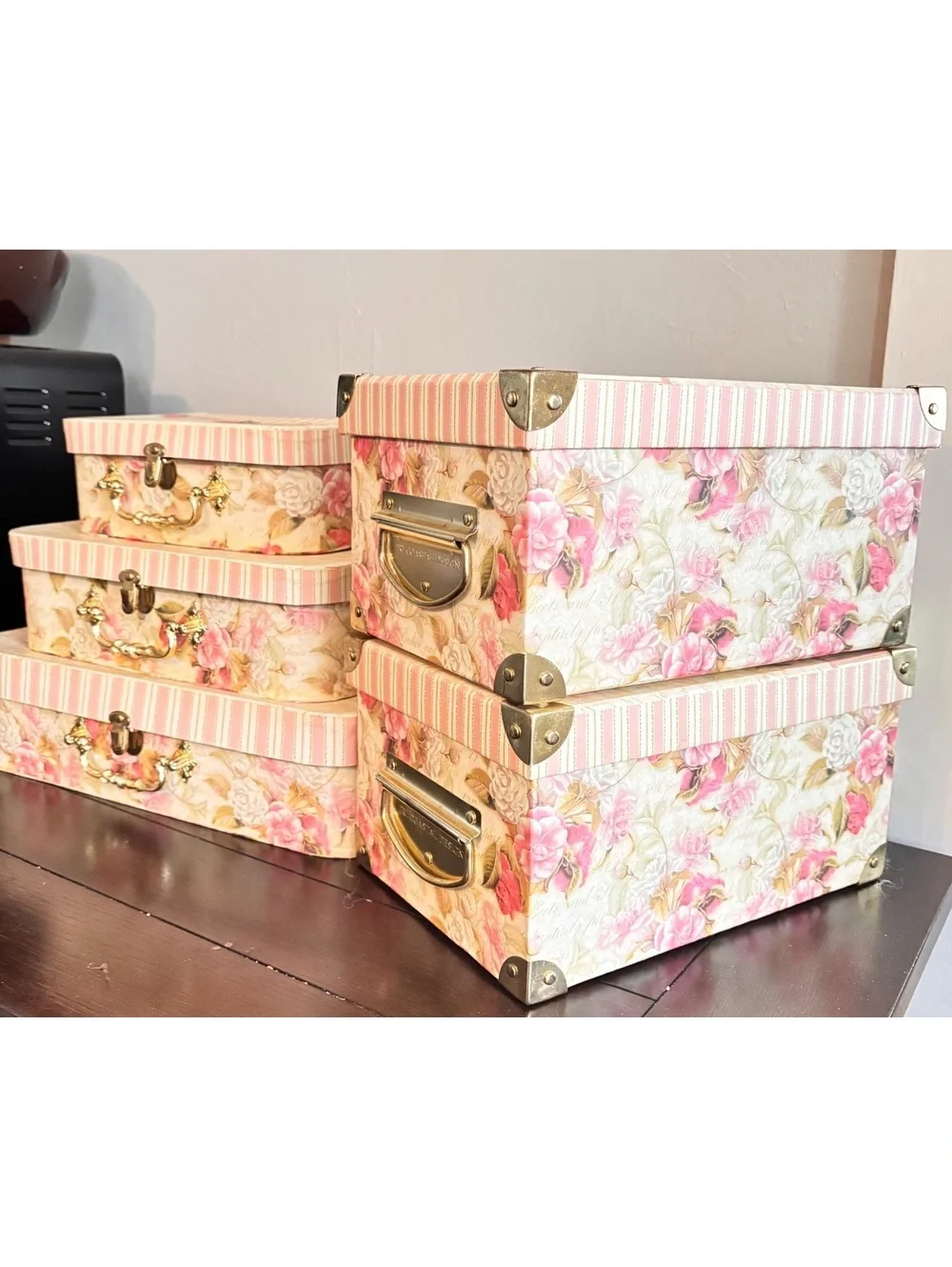 Set of 5 Decorative Floral Storage Boxes with Vintage Style Handles and StripedL